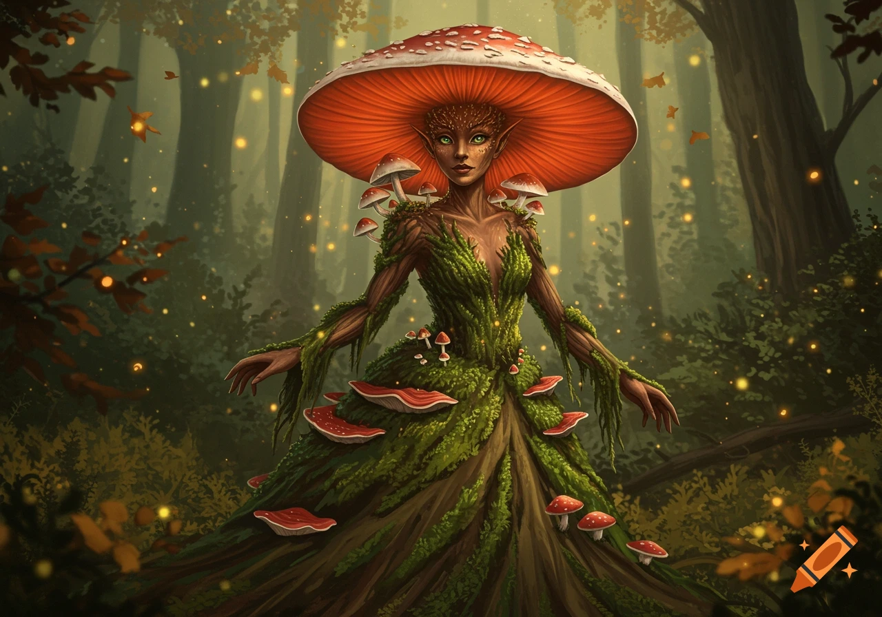 A fantastical mushroom woman with tree bark skin and a mossy dress, wearing a red mushroom cap as a hat, stands in a mystical forest with glowing fireflies.