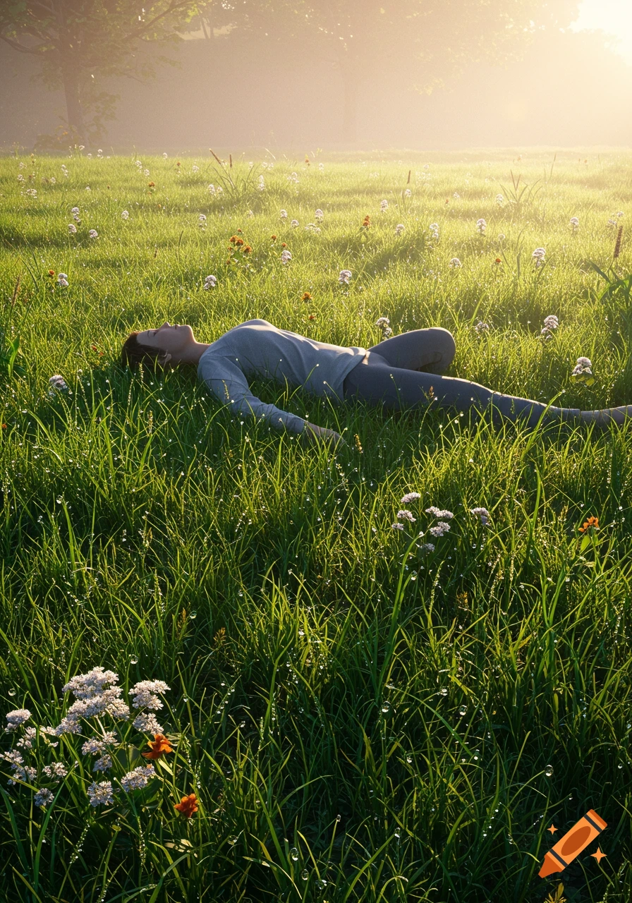 A person lies on their back in a lush green grass field with wildflowers and glistening dew drops, bathed in hazy morning sunlight.