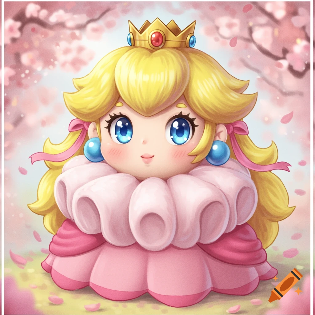 Chibi Princess Peach plush in a pink dress and crown, surrounded by cherry blossoms.