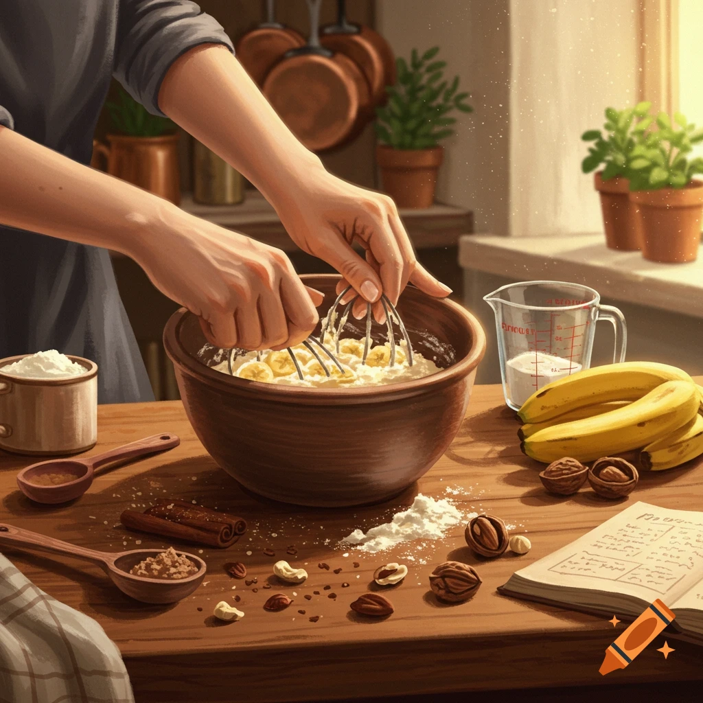 Hands whisking bananas and ingredients in a bowl on a wooden table in a sunlit kitchen, with baking ingredients around.