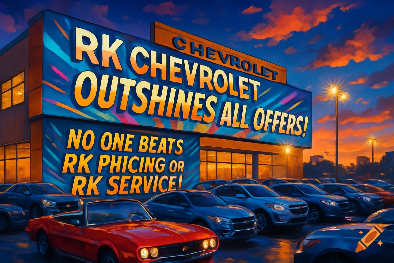 A vibrant digital painting of a Chevrolet dealership at sunset, with a large sign reading "RK CHEVROLET OUTSHINES ALL OFFERS!" and "NO ONE BEATS RK PHICING OR RK SERVICE!". A red classic convertible is in the foreground among other parked cars.