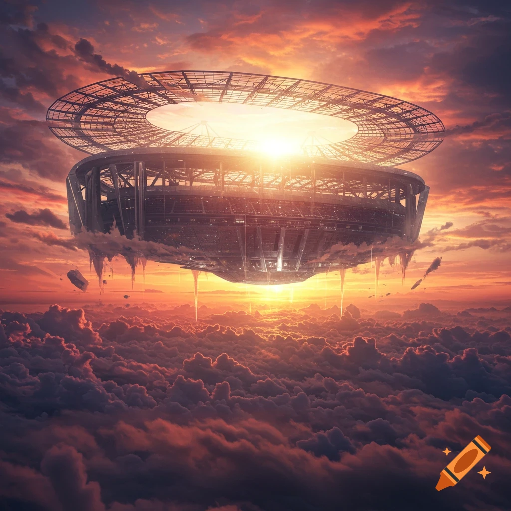 A futuristic stadium floats above vibrant orange and purple clouds, bathed in sunlight at sunset.