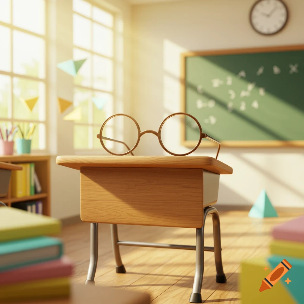 A cartoon-style school desk with round glasses on top, in a sunlit classroom.