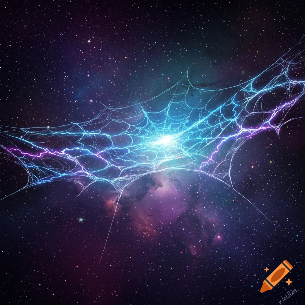 A vibrant blue and purple electrical spiderweb-like structure glows brightly amidst a star-filled galaxy with colorful nebulae.