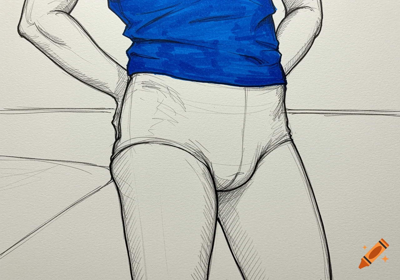 A close-up line drawing illustration of a person's torso and upper legs, wearing a blue shirt and light briefs.