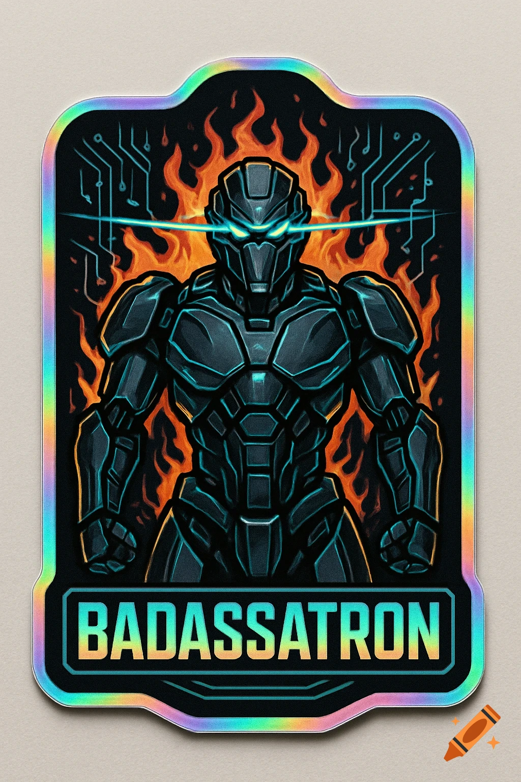 An armored black robot with glowing eyes and a holographic border, surrounded by flames and circuits, text reads 'BADASSATRON'.