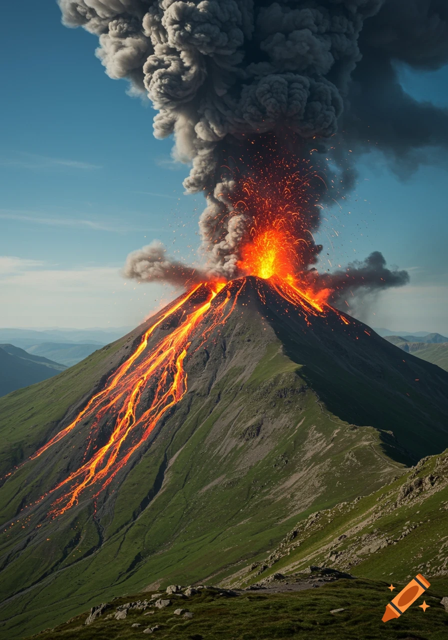 A lush green mountain erupts violently, with bright orange lava flowing down its slopes and thick grey smoke billowing into a blue sky.