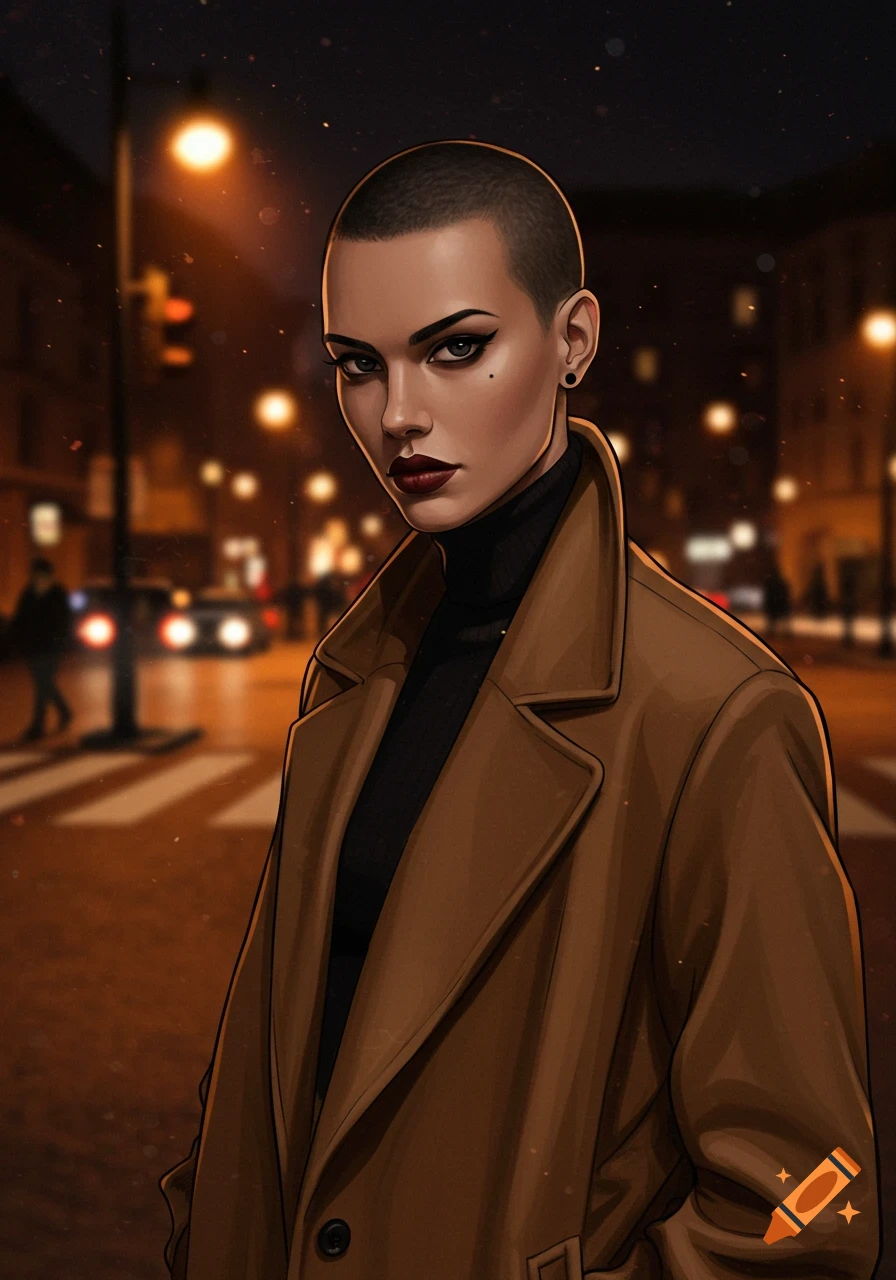 Illustrated woman with a buzz cut in a brown trench coat on a city street at night.