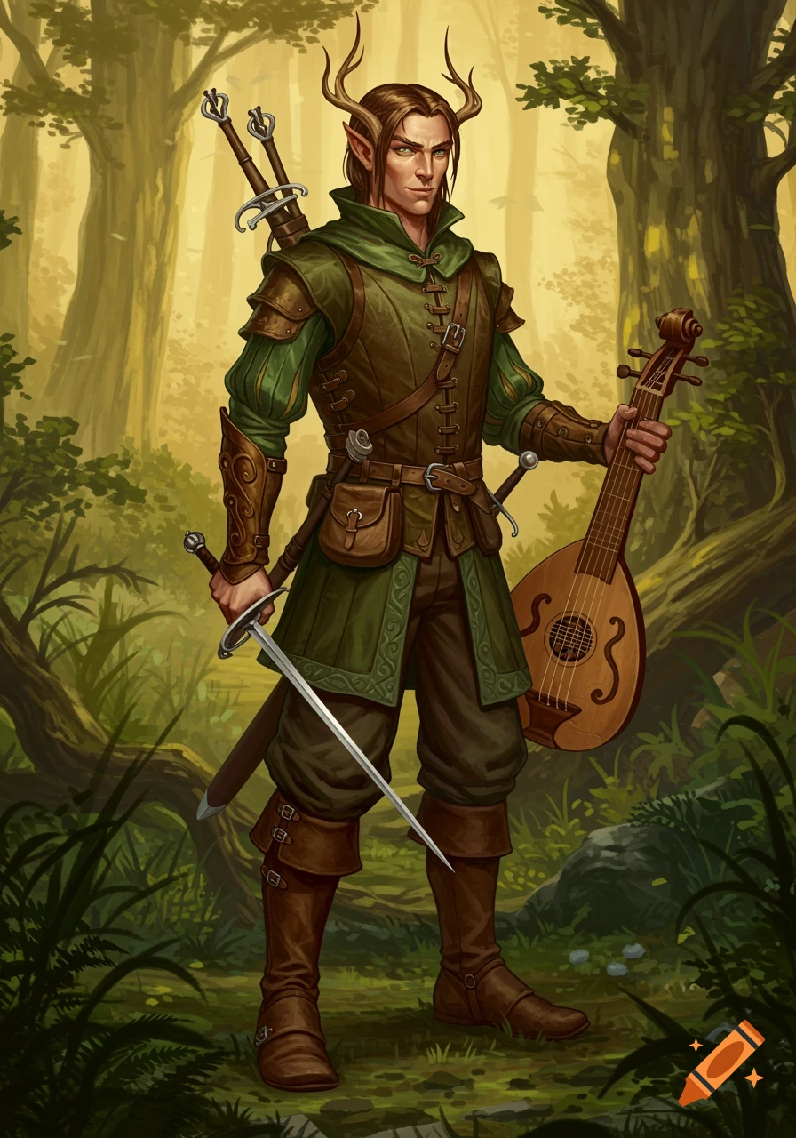A male elf with horns, long ears, and brown hair, dressed in green and brown fantasy attire, holds a sword and lute in a sunlit forest.
