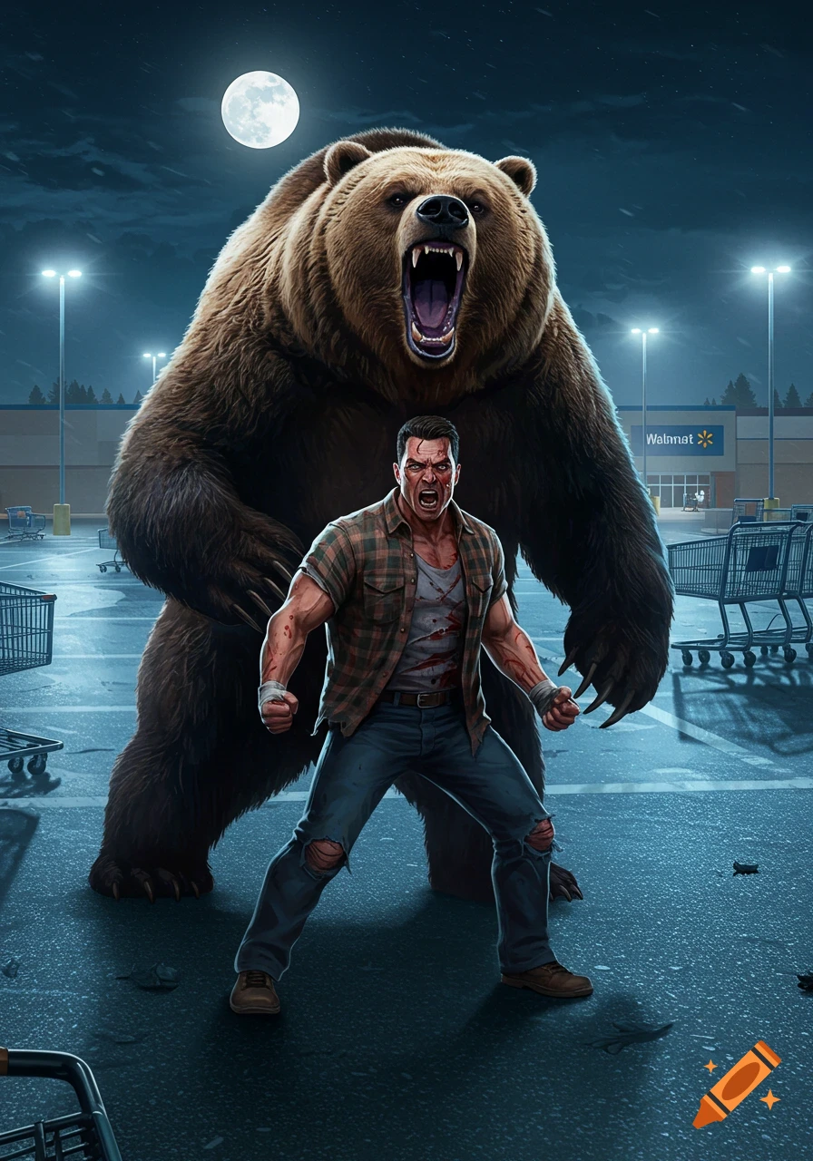 A man and a giant roaring bear confront each other in a Walmart parking lot under a full moon at night, in a dramatic realistic art style.