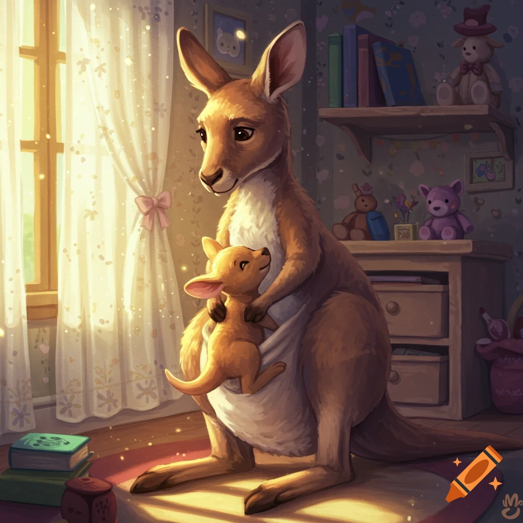 A mother kangaroo holds her baby joey in her pouch inside a softly lit bedroom, with sunlight streaming through the window.
