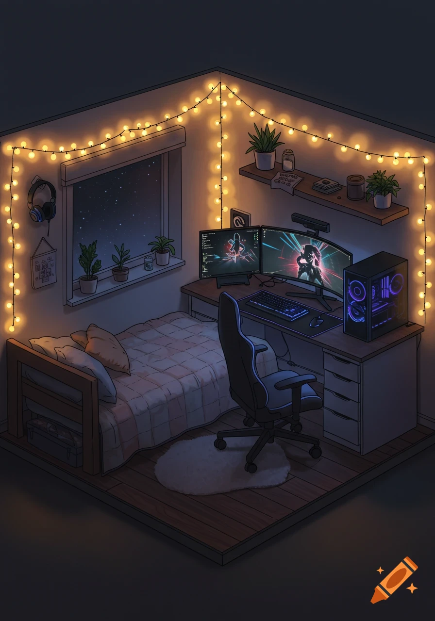 A cozy, dimly lit bedroom with string lights, a bed, a gaming chair, and a desk with a dual monitor PC setup.