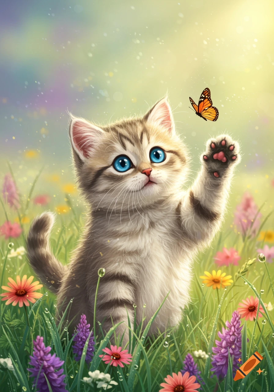 A cute tabby kitten with bright blue eyes sitting in a field of colorful flowers, playfully reaching out towards an orange butterfly.