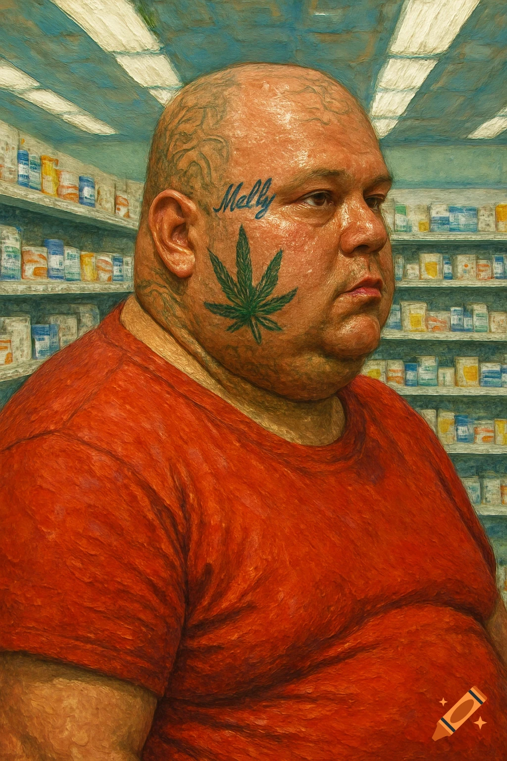 A bald, obese man with a marijuana leaf face tattoo and a 'Molly' tattoo on his forehead stands in a pharmacy, depicted in a painterly style.