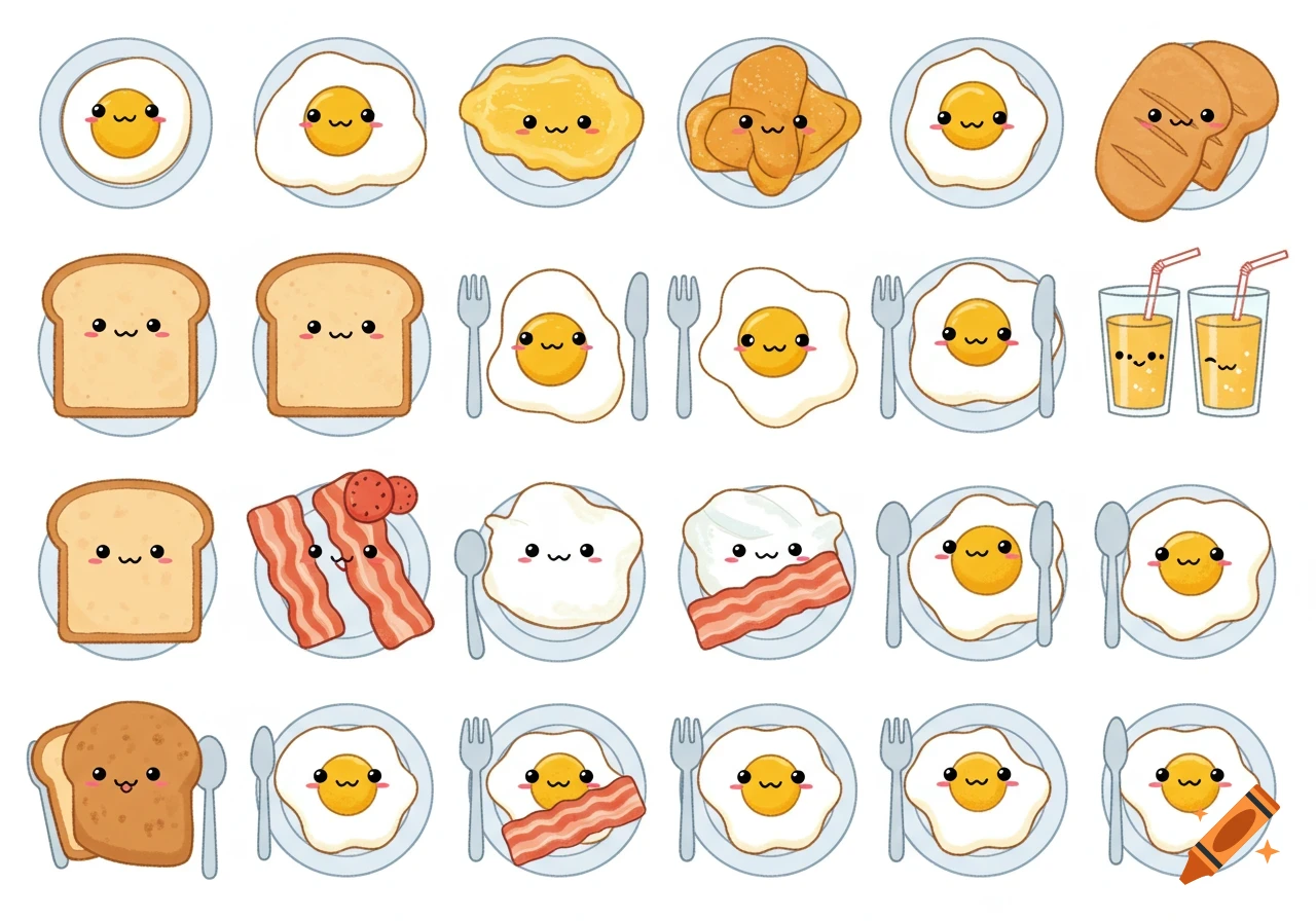 A grid of cute kawaii breakfast illustrations featuring various happy-faced eggs, toast, bacon, and juice on plates against a white background.