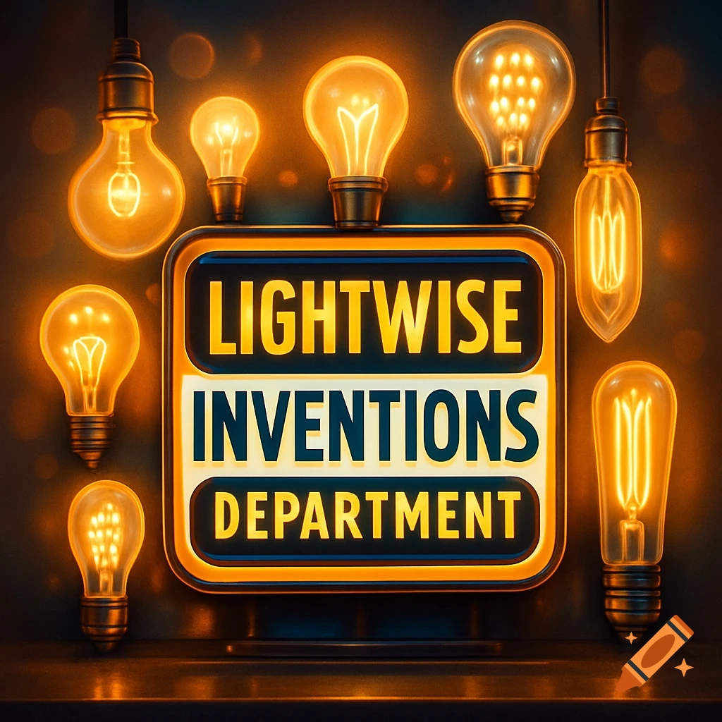 An illuminated sign reads 'LIGHTWISE INVENTIONS DEPARTMENT' surrounded by various styles of glowing light bulbs.