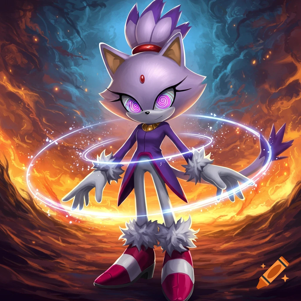 Blaze the Cat with glowing spiral eyes and swirling light, standing against a background of orange fire and blue smoke.