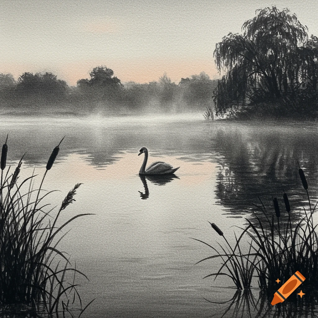 A swan on a misty lake at dawn, with reeds and trees, rendered in a monochromatic drawing style with pink highlights.
