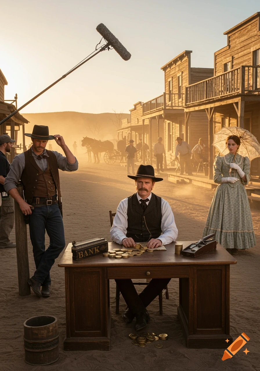 A photorealistic image of a film crew shooting a Western movie in a dusty town at sunset, featuring a banker at a desk and a cowboy.