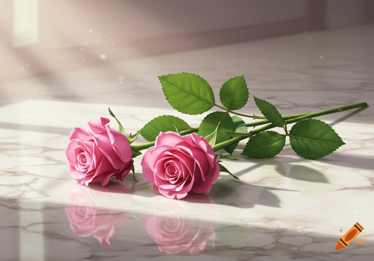Two pink roses with green leaves lie on a reflective marble surface under soft light.