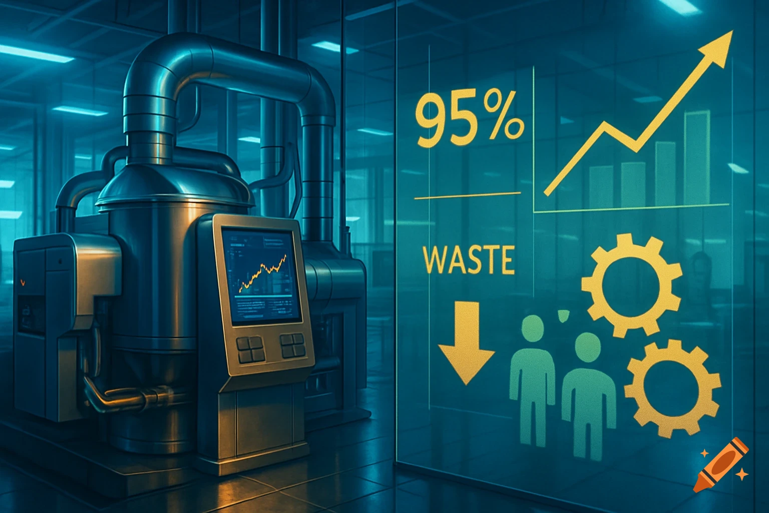 A futuristic factory interior with large metallic machinery and a holographic display showing "95% WASTE" with a downward arrow, a rising bar graph, and gears, indicating efficiency metrics.