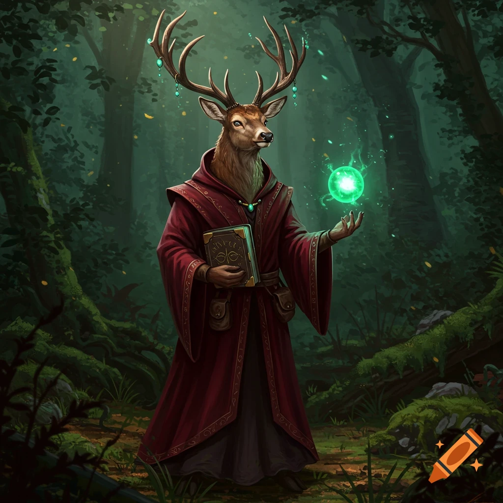 A majestic deer-headed wizard in deep red robes stands in a mystical forest, holding a glowing green orb and a spellbook.