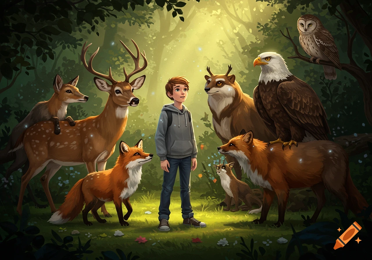 A teen boy stands in a sunlit, magical forest surrounded by various animals including deer, foxes, an eagle, and an owl, in an illustrated fantasy style.