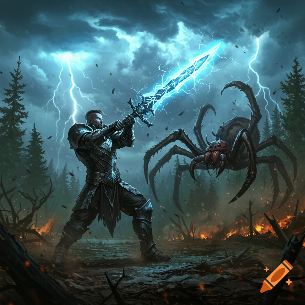 A knight in armor wields a glowing sword against a giant spider in a fiery forest under a stormy, lightning-filled sky.