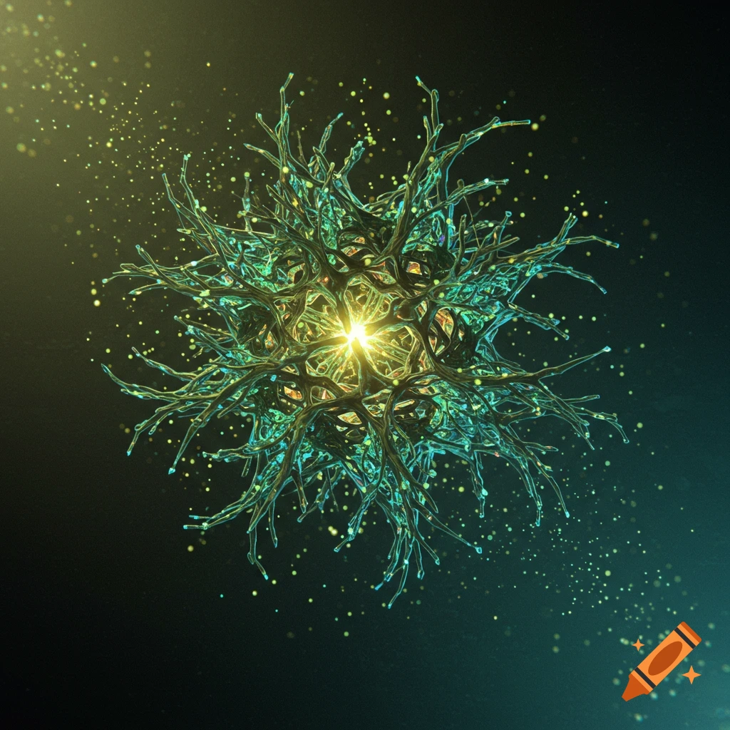 A glowing, spiky, organic-looking sphere with a bright yellow core, surrounded by glowing particles on a dark background.