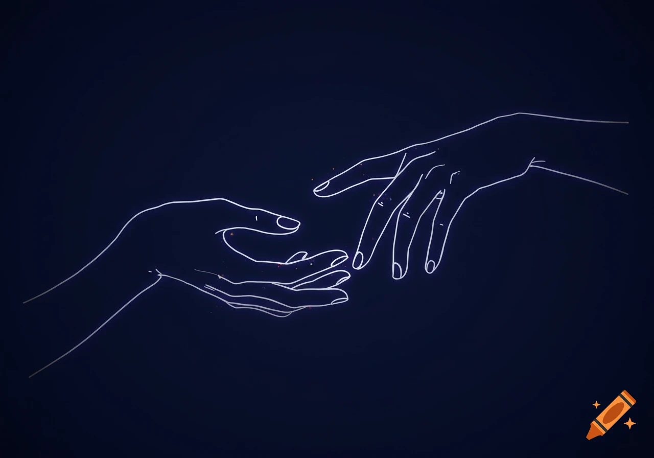 A minimalist line art illustration of two hands reaching towards each other on a dark background.
