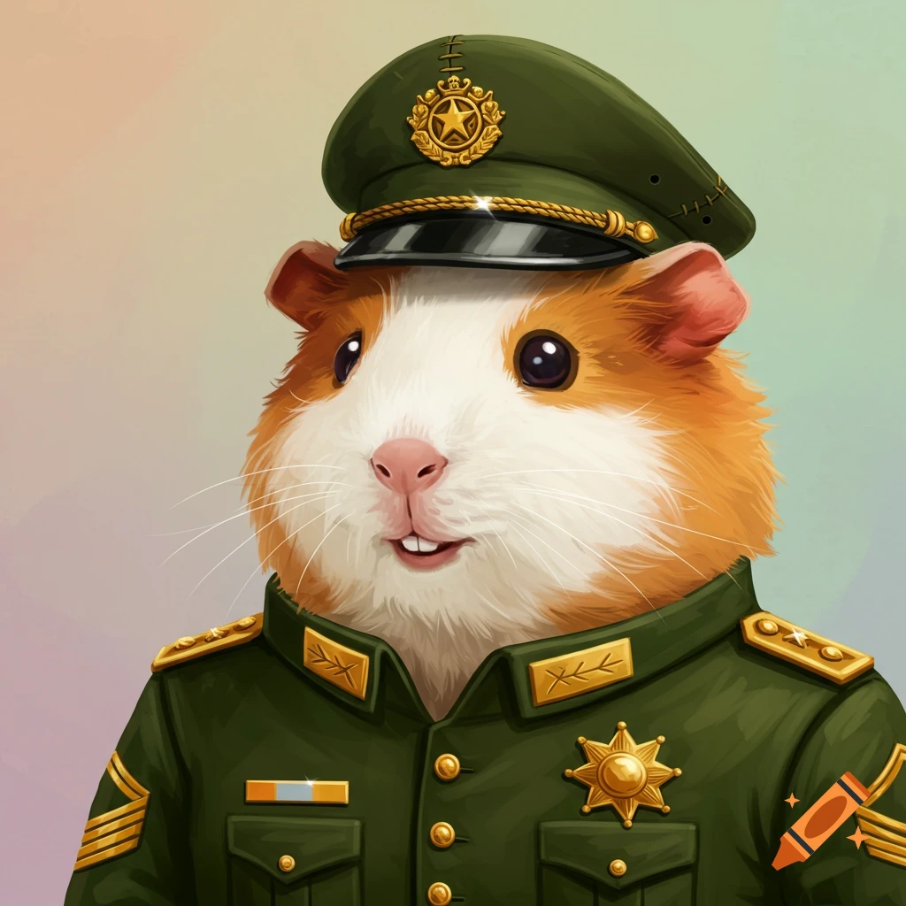 Cartoon portrait of a guinea pig wearing a green military uniform and cap.