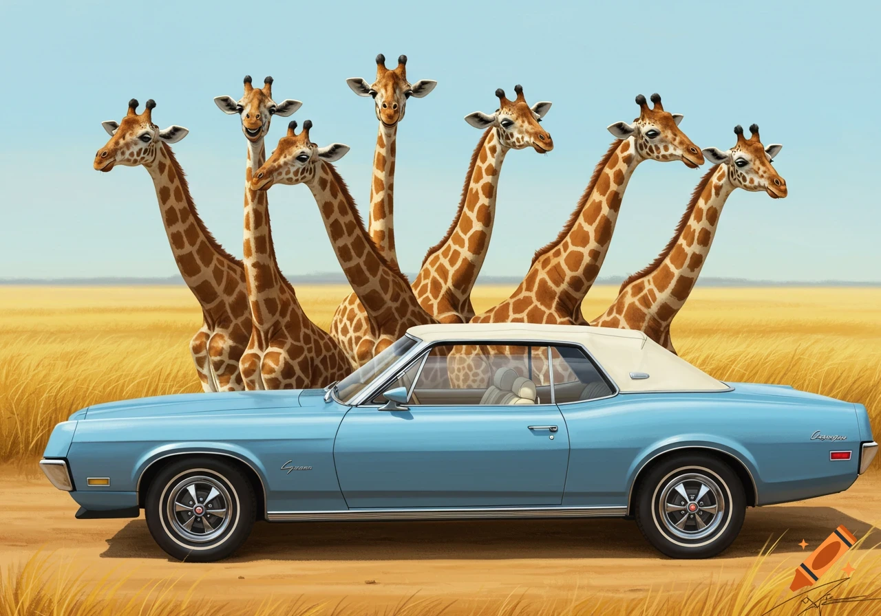 A light blue vintage car parked in a golden grassy field, with seven giraffes visible behind it under a clear blue sky.