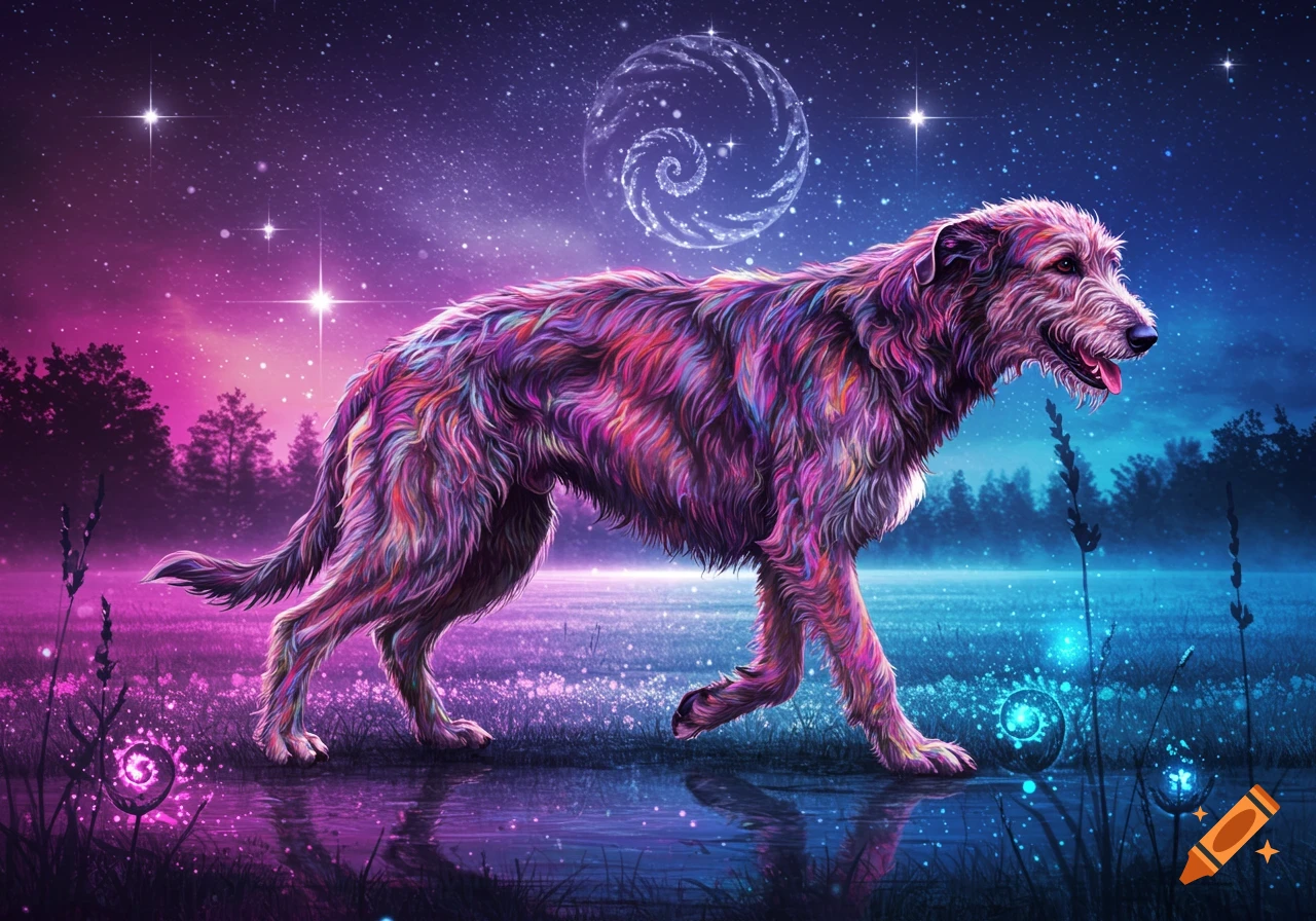 A Scottish Deerhound with vibrant, psychedelic fur stands in a mystical landscape under a starry night sky with glowing orbs.