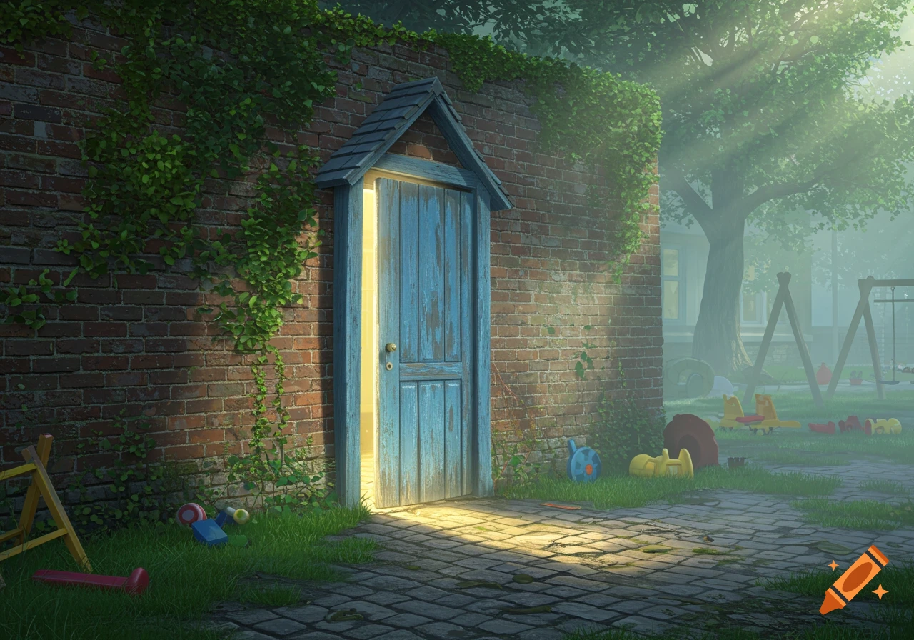A mysterious blue door with glowing light stands in a brick wall covered in ivy, opening into a misty playground at dawn.