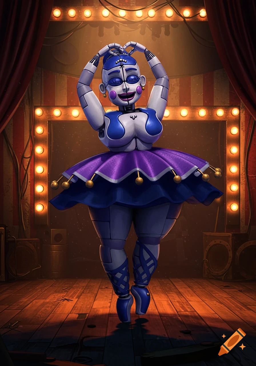 An animatronic ballerina, Ballora, stands on a dark stage with red curtains and lights, posing with her hands forming a heart shape.