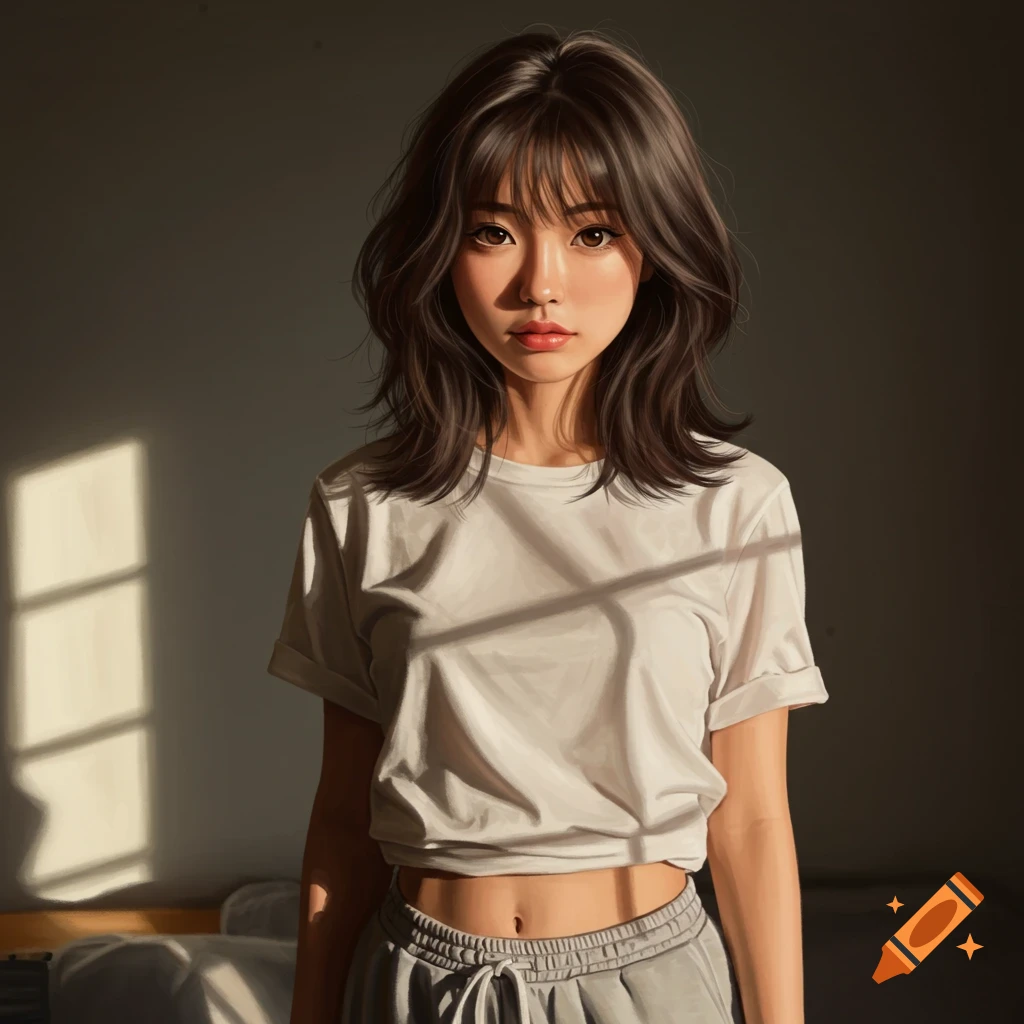 A realistic portrait of a young woman with dark hair, wearing a white cropped t-shirt and gray sweatpants, standing in a sunlit room.
