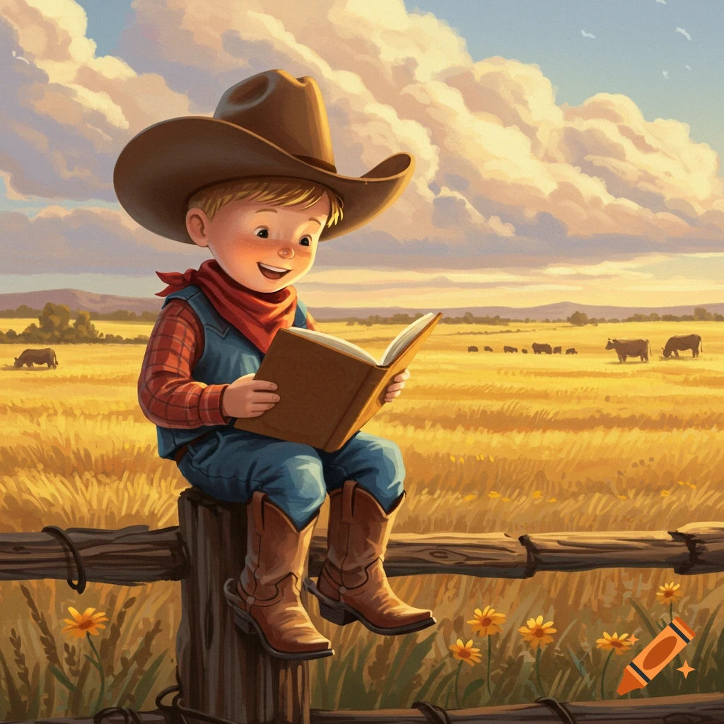 A smiling boy in a cowboy hat and boots sits on a fence, reading a book in a sunlit field with cows.