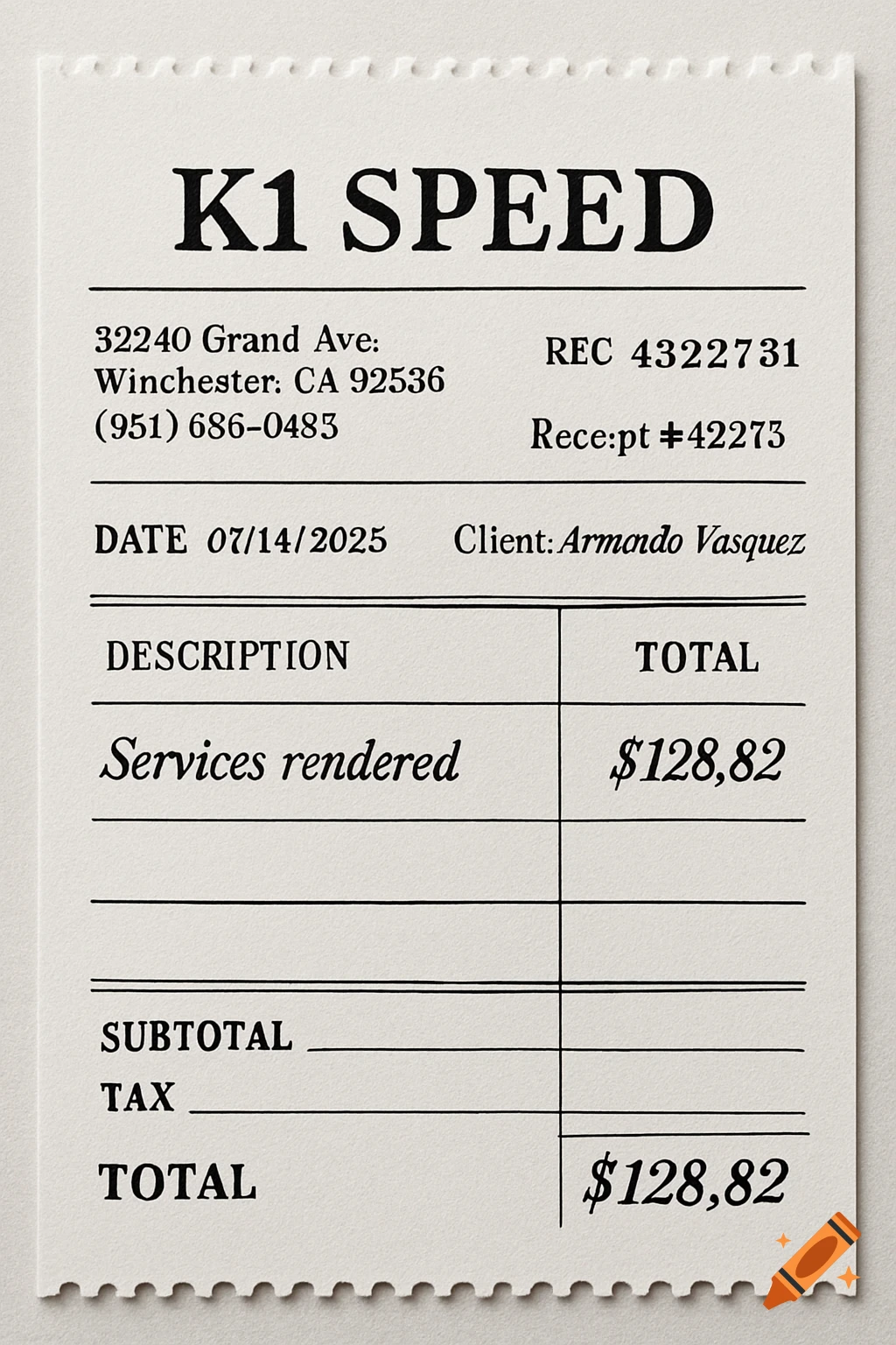 A black and white close-up of a K1 SPEED receipt with items like address, phone number, date, client, and total.