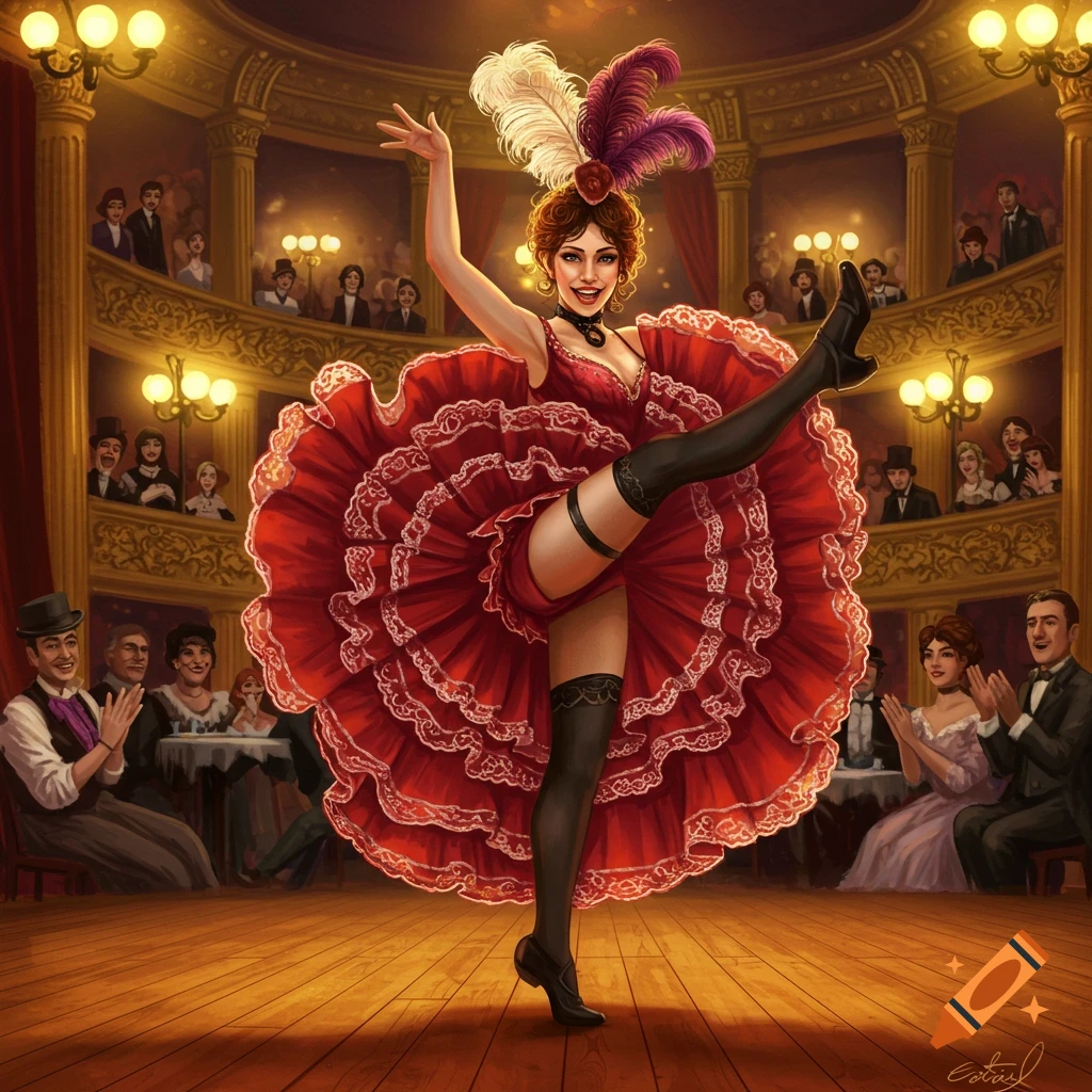 Illustration of a can-can dancer in a red ruffled dress with feathers performing on stage in a golden theater.