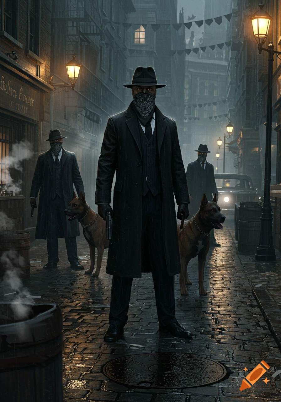 Three masked men in trench coats and fedoras stand with dogs on a rainy city street at night, lit by lamps, in a film noir style.