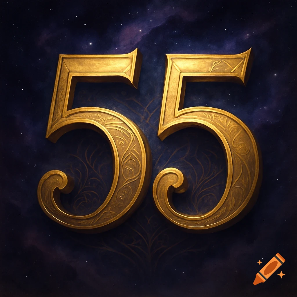 Two ornate golden numbers '5' against a dark, starry, cosmic background.
