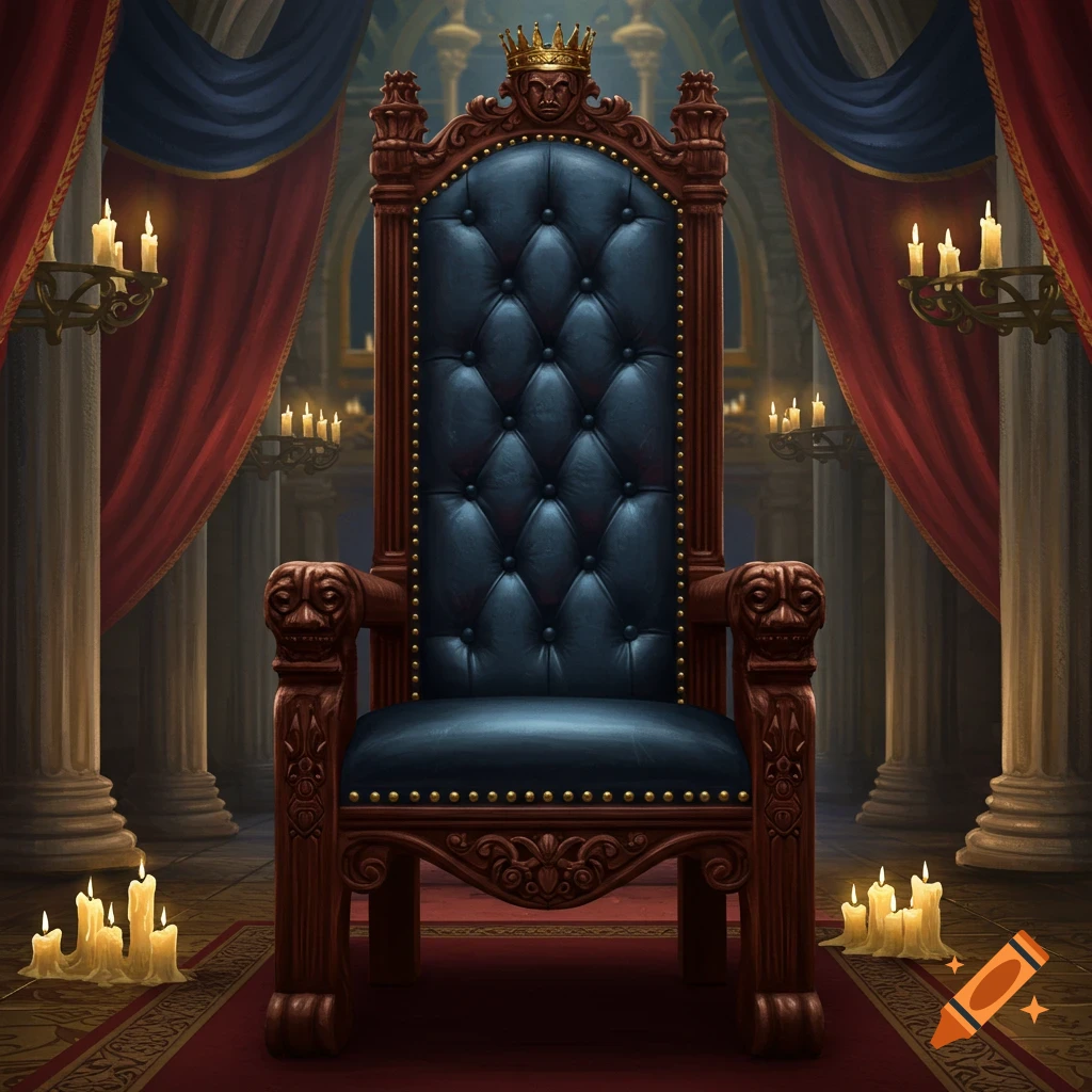 An ornate, dark wood royal throne with a blue tufted leather seat and back, topped with a golden crown, in a grand, candlelit hall.