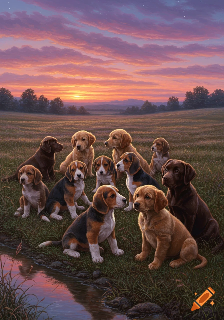 A group of puppies, including Golden Retrievers and Beagles, in a grassy field at sunset near a stream.