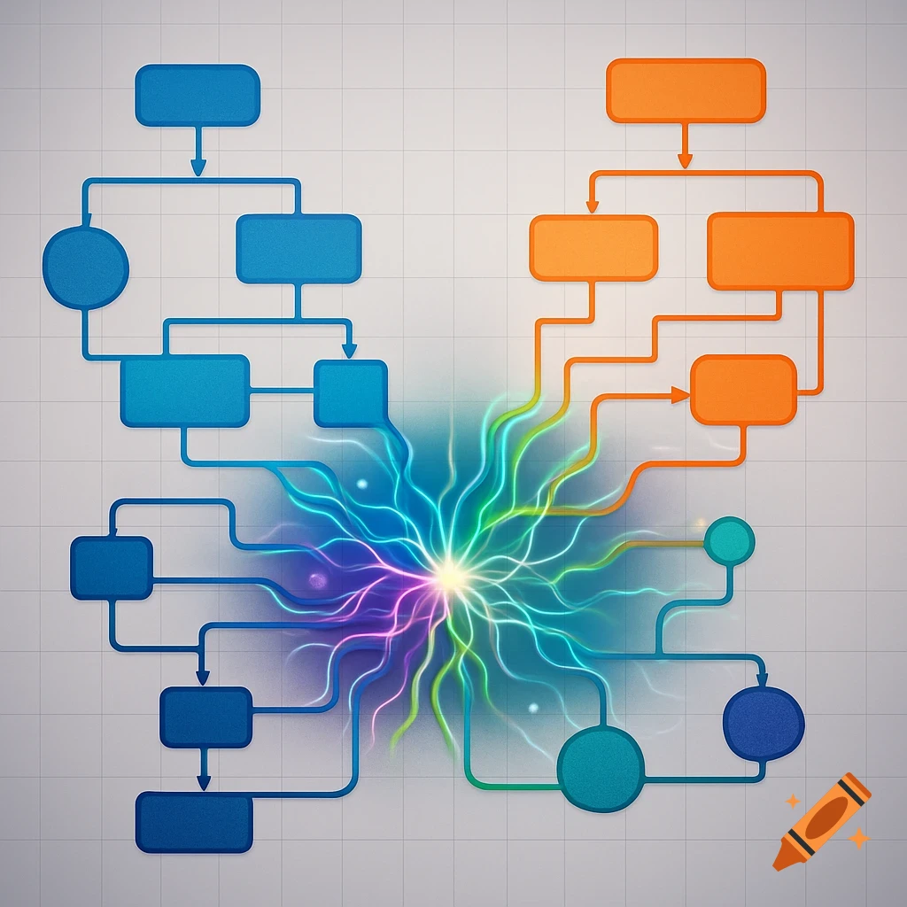A colorful abstract flowchart diagram with blue and orange paths converging into a glowing energetic burst.