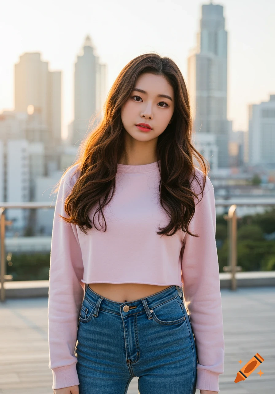Young woman with long brown wavy hair in pink crop top and jeans, posing on a rooftop at sunset with city skyline. Photorealistic.