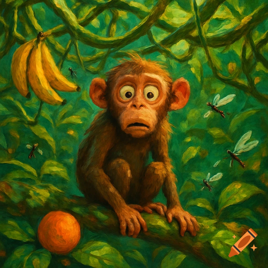 A wide-eyed cartoon monkey sits on a vine in a cluttered, painterly jungle with bananas, an orange, and buzzing dragonflies.
