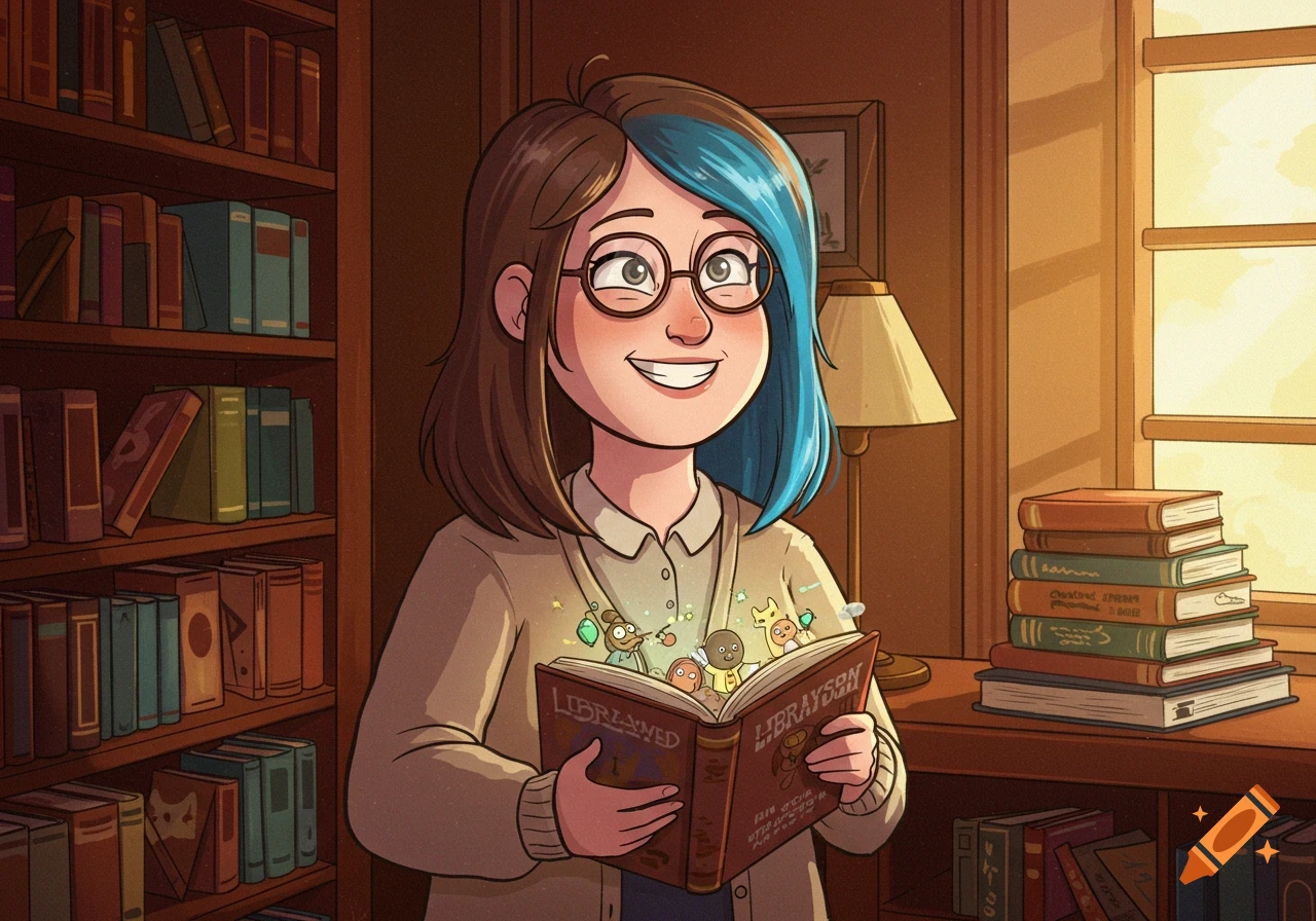A smiling cartoon librarian with brown and blue hair and glasses holds an open book with tiny characters emerging from it, in a sunlit library.