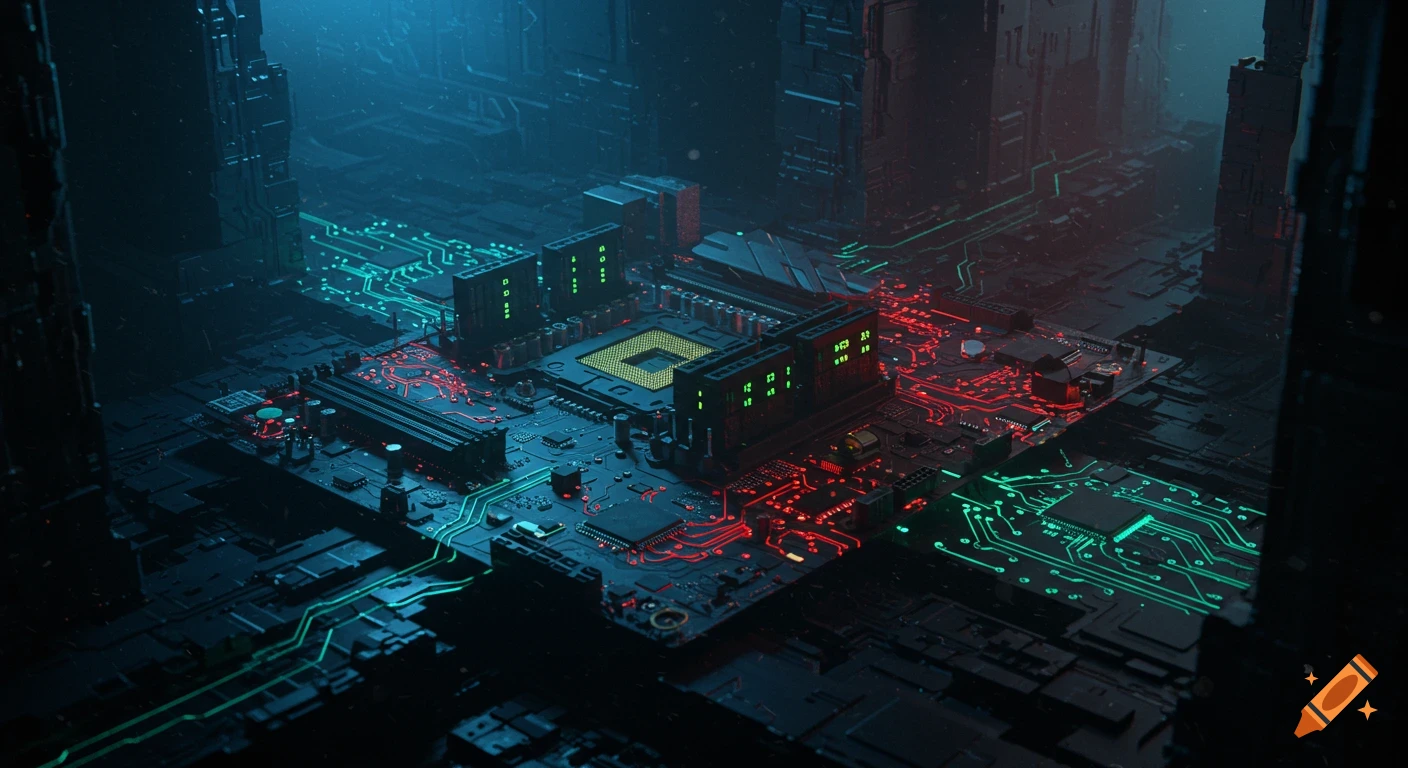 Detailed cyberpunk motherboard with glowing red and green circuits, a bright yellow CPU, and black RAM modules in a dark setting.