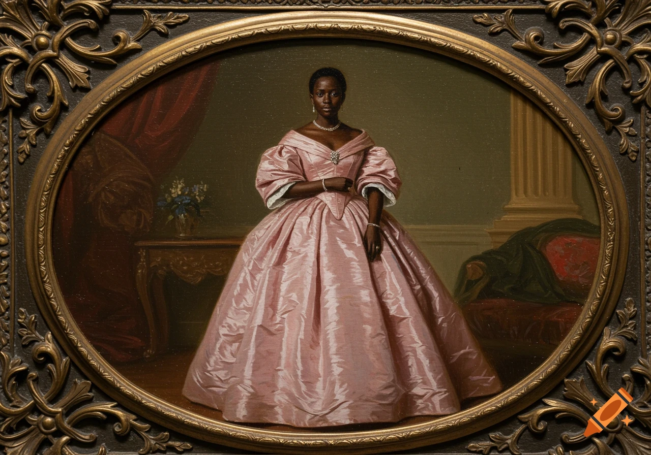 An oil painting of an African woman in a pink gown, set within an ornate bronze oval frame.