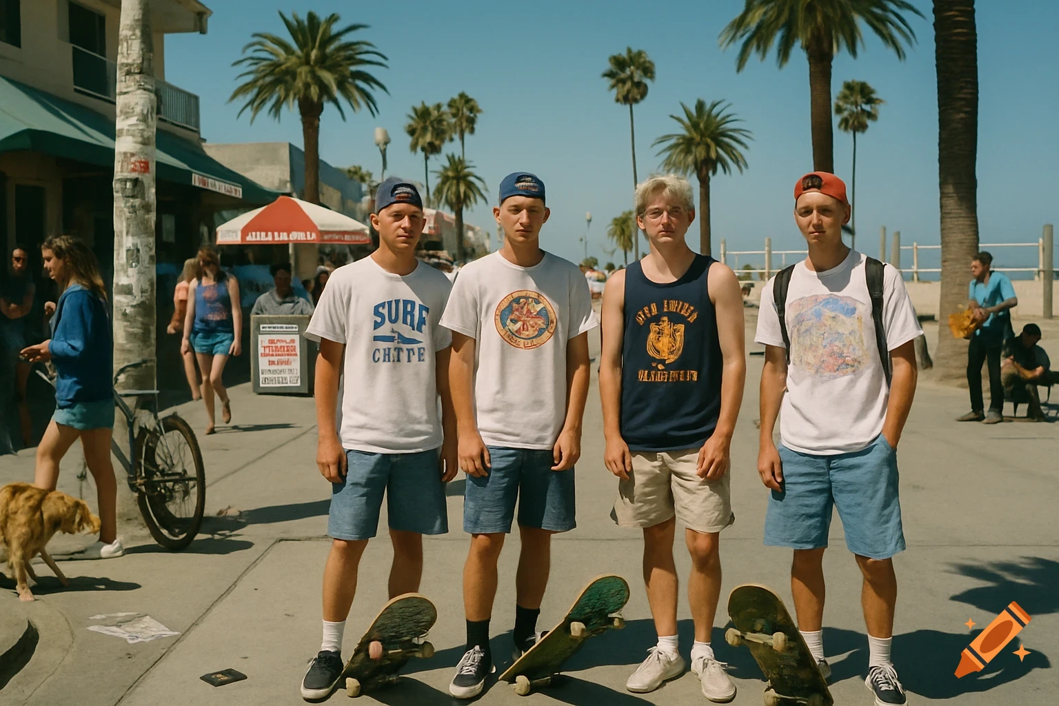 Four young men with skateboards pose on a sunny boardwalk with palm trees and beachgoers in the background.